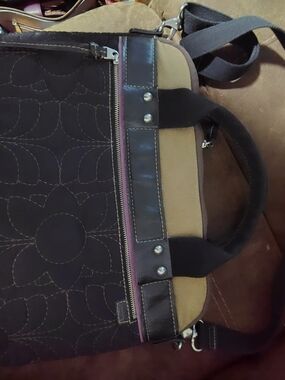 Fossil Black and Tan Quilted Canvas Shoulder Tote